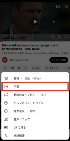 字幕ボタンをクリックする